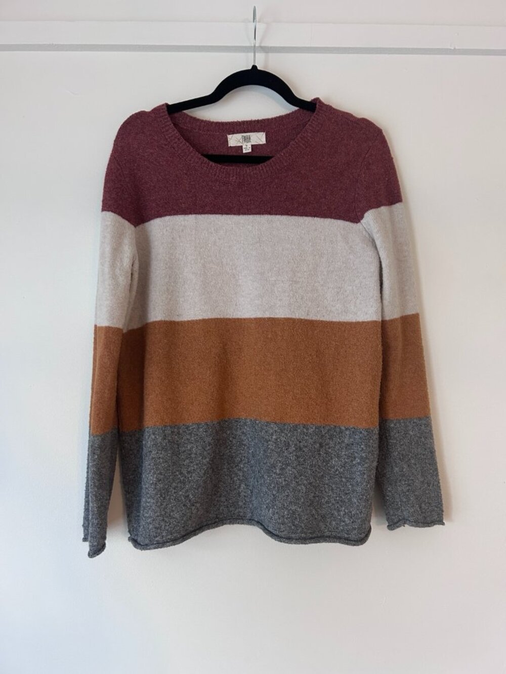 Pinque Women’s L Colorblock Knit Sweater Burgundy Camel Gray Crewneck